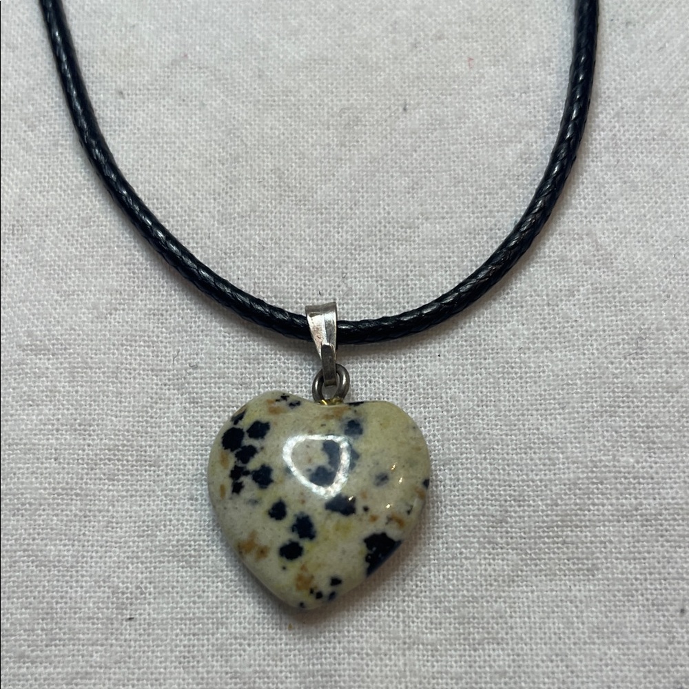 Hand Crafted Heart-Shaped Dalmatian Stone Pendant Necklace Artisan NWT
